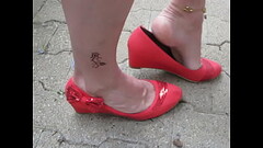 public shoeplay, red suede wedge pumps - Isabelle-Sandrine loves to tease the men Thumb