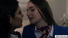 Trans flight attendant Zariah Aura fucks her busty coworker Thumb