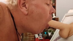 Chubby in pantyhose with small cock wank squirt and sucking own cum off dildo Thumb